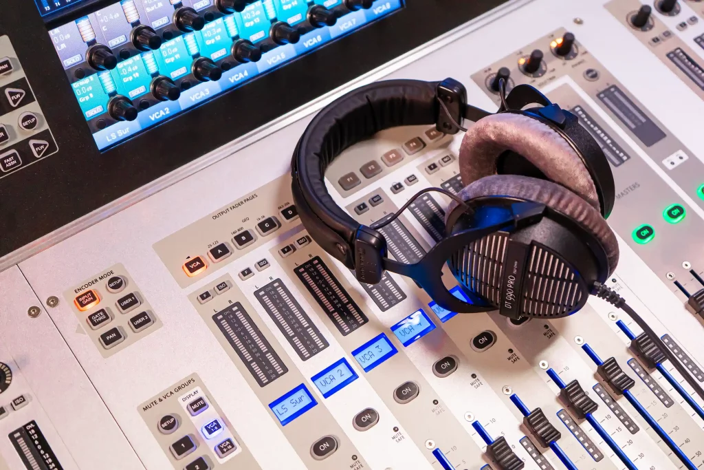 Eine Nahaufnahme eines Mischpults und eines Kopfhörers.